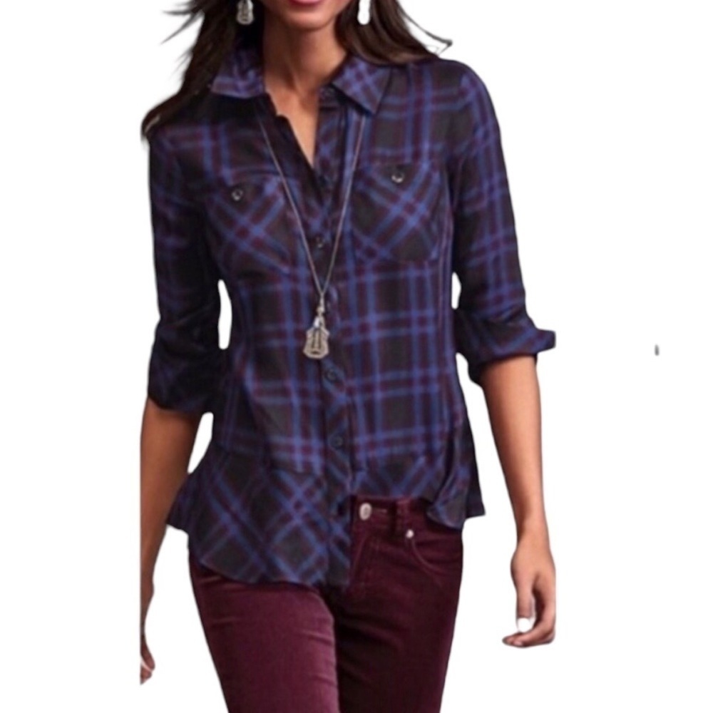 CAbi Moody Peplum Hem Plaid Shirt Black Blue Size Small Style 3431